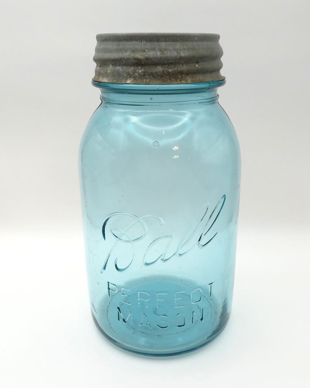 Antique Ball Perfect Mason Quart Aqua Blue Jar Zinc Milk Glass Lid 1920s